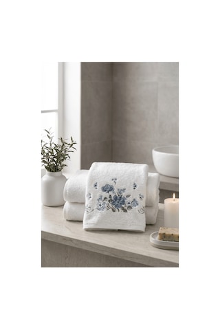 Bambu Pamuk Çiçek Nakışlı 50 X 90 Cm Nakışlı El Havlusu Beyaz