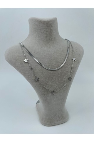 Xbaby İkili Yıldız Çelik Gümüş Renk Kolye Gümüş