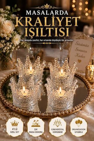 4'lü Set Kristal Taç Mumluk Şeffaf Diğer