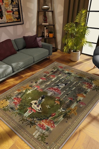 Homshtag Art Deco Mantar Desenli Halı Bitki Temalı Soft Renkli Modern Dijital Baskı Çiçekli Halı Çok Renkli