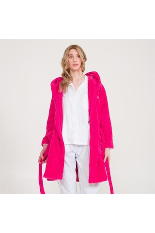 Welsoft Kapüşonlu Peluş Kadın Sabahlık Fuşya