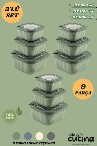 9'lu Mikrodalga Ve Difriz Kullanımına Uygun Vakumlu Vıp Saklama Kabı Çeyiz Seti 3x 600-1100-1800 Ml Yeşil