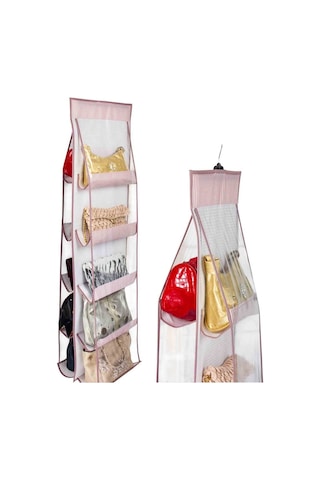 Çanta Saklama Düzenleyici Dolap İçi Çanta Askısı 10 Gözlü Şeffaf Pembe