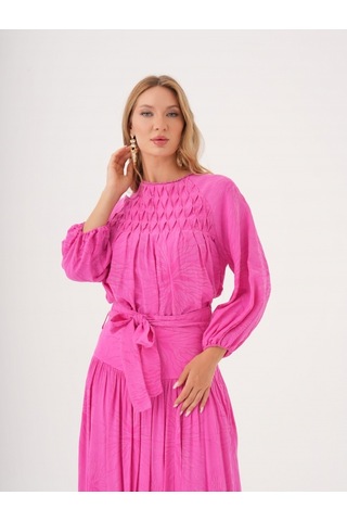 Büzgü Detaylı Kuşaklı Viskon Ve Keten Karışımlı Bluz FUŞYA