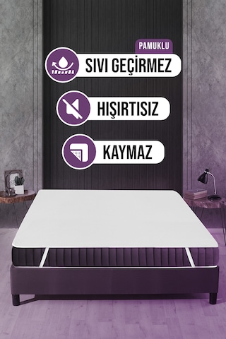 Pamuklu 4 Köşe Lastikli Sıvı Geçirmez Yatak Koruyucu Alez 150x20 Beyaz