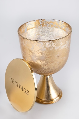 Altın Varak Eskitme Ayaklı Cam Mumluk Kokusuz Mum Yazı Kapaklı Büyük 24.5x15 Cm