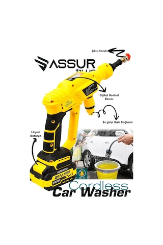Assur Plus 21V Kömürsüz Motor Yüksek Basınçlı Akülü Oto Araba Yıkama Makinesi Şarjlı - 2854