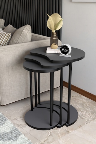 Modern Elma 3 Lü Zigon Sehpa Metal Ayaklı İç İçe Geçmeli Orta Sehpa Takımı Antrasit