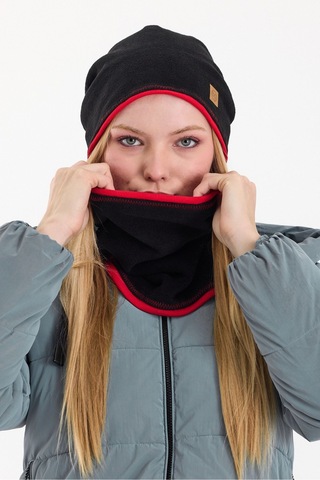 Butikgiz Kadın Dış Kısım Polar, İç Kısım Kaşkorse Pamuklu, Çift Renk, Çift Kat, Katlanabilir Bere Boyunluk Set Siyah-kırmızı