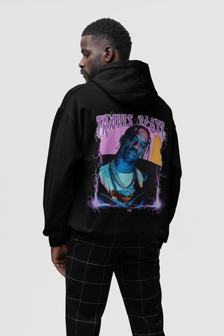 Sevbano Travis Scott Baskılı Unisex Oversize Rapper Şarkıcı Hoodie Siyah