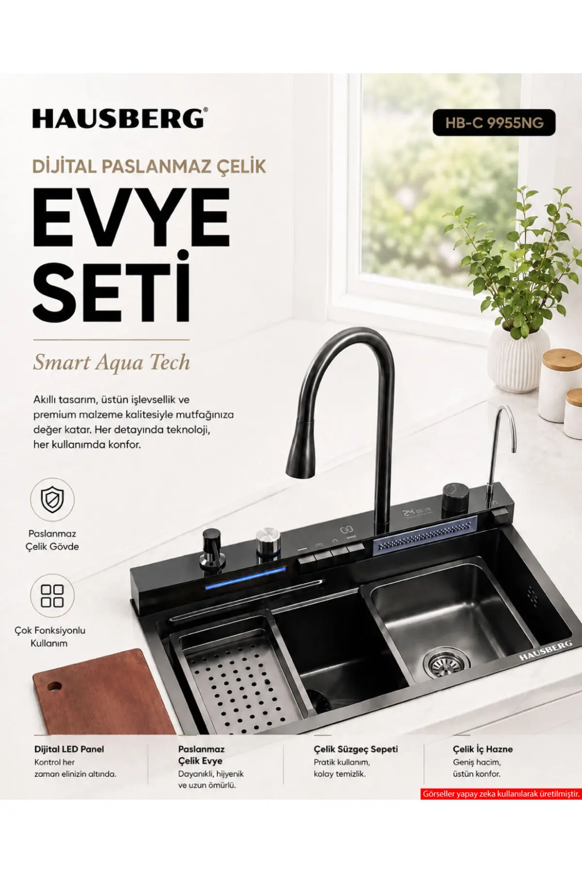 Dijital Akıllı Evye Seti Şelale Bataryalı, Led Sıcaklık Göstergeli, Bal Peteği Tabanlı Paslanmaz Çelik Teknolojik Mutfak Evyesi,7+1 Fonksiyonlu, Aksesuarları Dahil Siyah