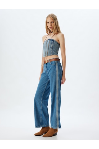 Koton Geniş Paça Kot Pantolon Bol Kalıp Şerit Detaylı Düğmeli Cepli - Wide Leg Jean Orta İndigo 5wal40096md İndigo