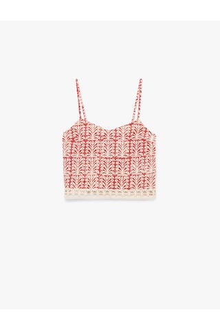 Koton Pamuklu Floral Desenli Dantel Kroşe Detaylı Askılı Crop Top Tarçın 6sak30030uw