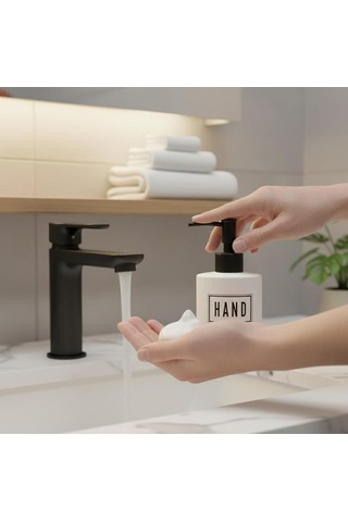 Beyaz Siyah Yazılı Cam Sıvı Sabunluk İkili Standlı Hand&dish Yazılı Beyaz