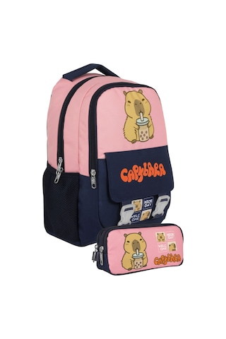 Capybara Kız Çocuk İlkokul Sırt Çantası Ve İki Gözlü Kalemlik Seti - Lacivert - Pembe - Setcpb5203c Çok Renkli