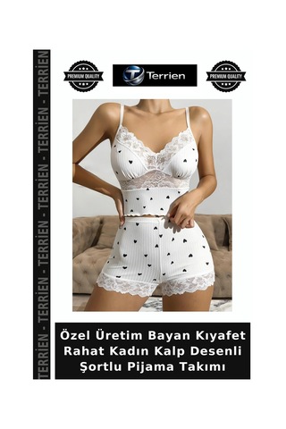 Terrien Özel Üretim Bayan Kıyafet Rahat Kadın Kalp Desenli Şortlu Pijama Takımı Beyaz