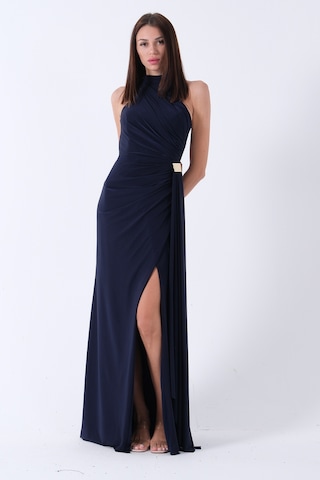 Feminist Lacivert Halter Yaka Drapeli Beli Gold Toka Detaylı Straplez Abiye 9705862