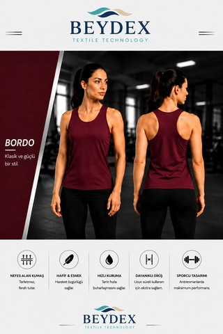Beydex Bisiklet Yaka Sıfır Kollu Standart Kalıp Kadın Spor Atlet Bordo