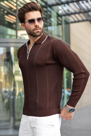 Madmext Kahverengi Polo Yaka Yarım Fermuarlı Fitilli Erkek Triko Kazak E7515
