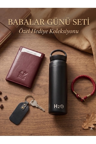 Deerderi Hakiki Deri El İşçiliği Mekanizmalı Cüzdan Termos Bileklik Anahtarlık Seti Babalar Günü Hediyesi Bordo