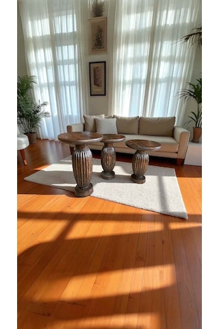 Ceviz Renkli Ahşap Mantar Sehpa Seti 3 Lü Zigon Sehpa Takımı