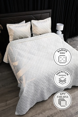 Queen Kadife Çift Kişilik Yatak Örtüsü - Krem
