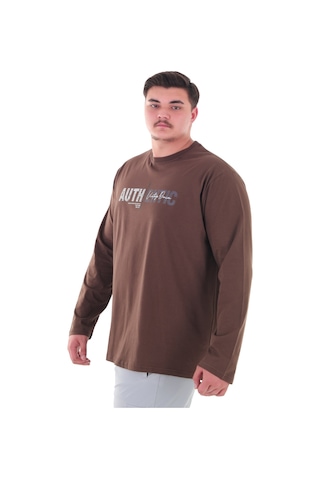 Erkek 115-155 Kilo Arası İçin Uygun Uzun Kol Bisiklet Yaka Mevsimlik Baskılı İnce Sweatshirt Kahverengi