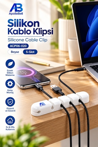 Apollobell Acp06-020 Ab 5 Yuvalı Bilgisayar Kablo Klipsi Ve Silikon Kablo Tutucu Düzenleyici.