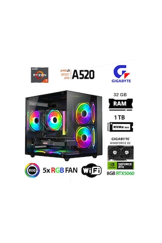 Xaser Giga X30 R7-5700X 32 GB 1 TB M.2 Nvme SSD 8 GB RTX5060 Free Dos Oem Paket Masaüstü Oyuncu Bilgisayarı