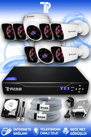 Picam 8 Kameralı Kare 2 İç Kamera Set 320 GB HDD Full HD Gece Görüşlü Güvenlik Kamerası Sistemi