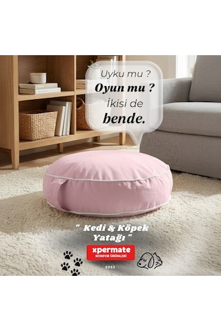 Xpermate Fermuarlı Kedi ve Köpek Minderi Yuvarlak Kedi Minderi Yıkanabilir Kedi Köpek Yatağı Pembe