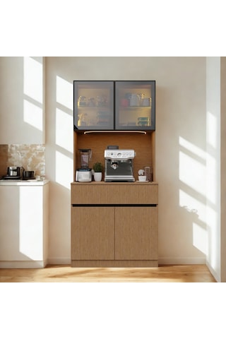 Nordıc Wood Led Li Kahve Köşesi Ünitesi Mını Kompakt Füme Cam Vitrin Komple Mdf Modern Mutfak Dolabı Kahverengi