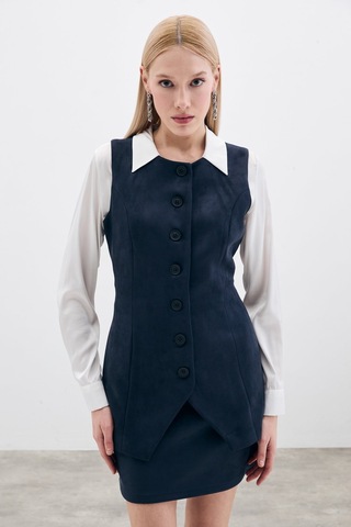 Sateen Düğmeli Uzun Süet Yelek - Lacivert-135510 Lacivert