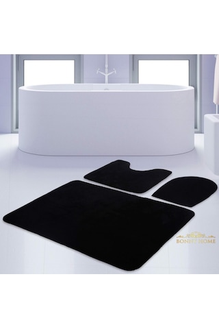 Bonny Home Unicolor Düz Siyah 3lü Banyo Paspası Halısı Seti Kaymaz Siyah