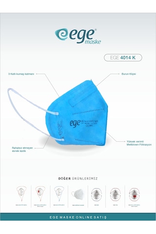 Ege Maske 4014-k Ffp2 Nr N95 Ventilsiz Maske 50'li Mavi