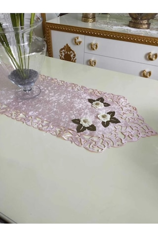 Mina Kadife Kumaş Lazer Kesim Çiçek Süslemeli Pudra Krem Runner 40x140 Cm 719 Pudra