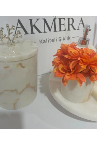 Sarı Tonlu Mermer Top Ayaklı Gerçek Mermer 7 Parça Ultra Lüks Banyo Seti Beyaz - Gümüş