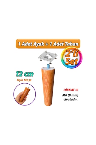 Ahşap Ayak 12 Cm 2'li Set Açık Meşe M8 Civatalı Bağlantı Aparatlı Dolap Mobilya Koltuk Kanepe Destek Ayağı Ayakları Açık Meşe