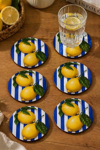 Çizgili Limon Desenli Bardak Altlığı 6lı Set 9 Cm Mdf Çok Renkli