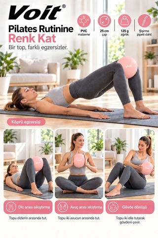 25 cm Mini Pilates Topu Yoga Fitness Egzersiz ve Denge Topu Şişirme Pipeti Dahil Pembe