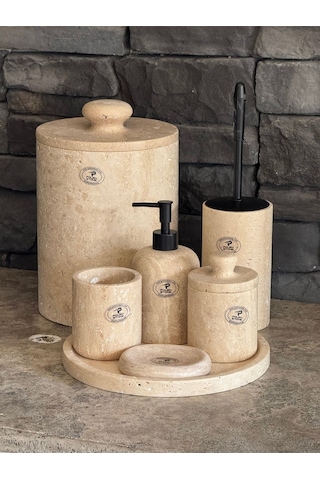 Yeni Traverten Doğaltaş Kendinden Kulplu 7'li Banyo Seti Büyük Çöp Kovalı 26x20 Beyaz