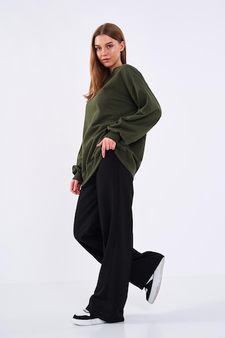Mmetalic Haki Kadın Pamuklu Oversize Basic Bisiklet Yaka Sweatshirt 001