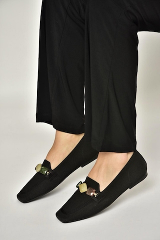Fox Shoes Y820400304 Siyah Triko Kumaş Boncuk Detaylı Kadın Babet