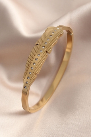 Gold Renk Yaprak Model Zirkon Taş Detay Kelepçe Kadın Bileklik Antik Gümüş