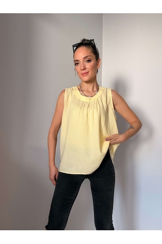 Ali Butik Sarı Bisiklet Yaka Keten Bluz Sarı