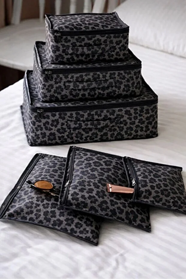 MorPort Lüx 7 Li Set Premium Ayakkabı Hurcu 6 Bölmeli Ayakkabı Organizer I Leoparlı 6 Lı Valiz Düzenleyici Set Siyah