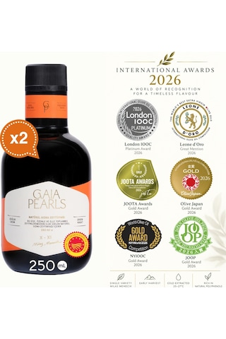 Gaia Pearls İkili Set Turuncu Seri 250 Ml X2 Avrupa Birliği Coğrafi İşaretli Milas Memecik Erken Hasat Soğuk Sıkım Zeytinyağı Yoğun Meyvemsi