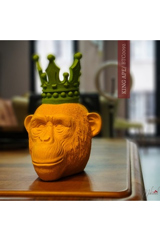 Eşsiz Yeşil Taçlı Sarı Maymun Kafası Heykeli Modern Ev Dekoru