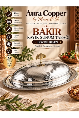 Dövme Bakır Kayık Sunum Tabağı Kapaklı Servis Sunumluk Gümüş - Şeffaf