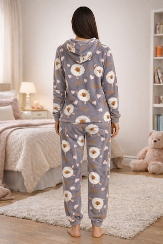 Burcumay Kadın Desenli Kapüşonlu Gri Polar Pijama Takımı Gri